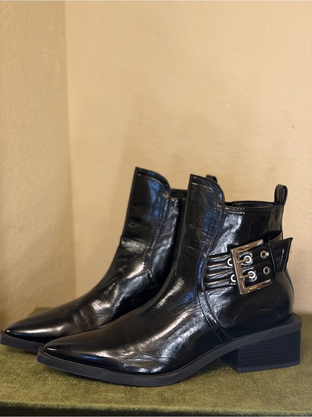 Universal Thread Black Patent Pointed Ankle Boots with Buckle